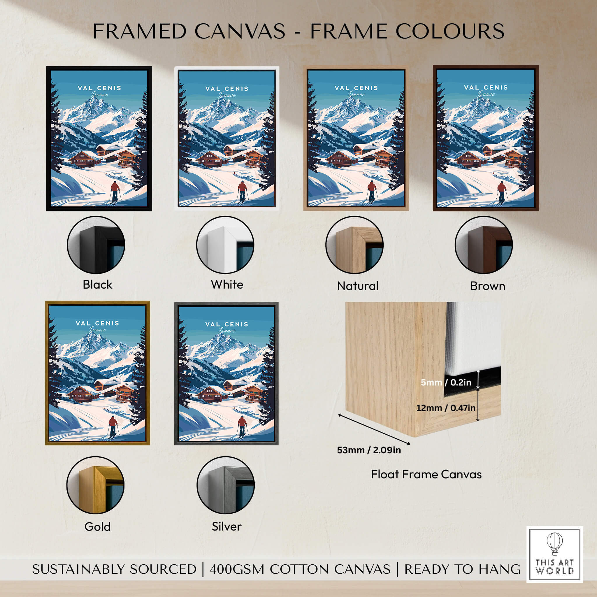Val Cenis Ski Print: Elevate Your Winter Decor framed canvas options in various colors and sizes.