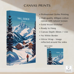 Val Cenis Ski Print: Elevate Your Winter Decor featuring mountain scene and cozy cabins on canvas.