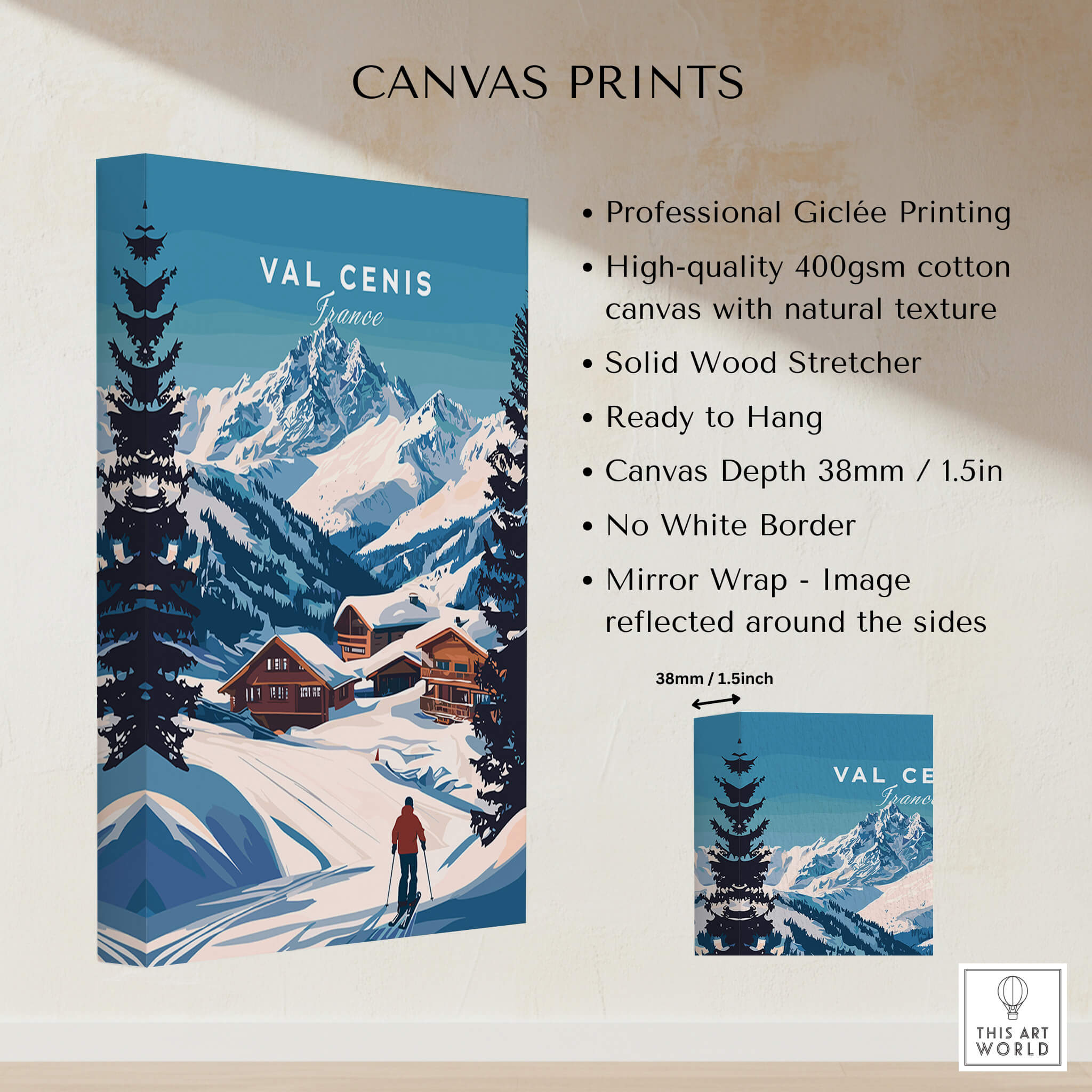 Val Cenis Ski Print: Elevate Your Winter Decor featuring mountain scene and cozy cabins on canvas.