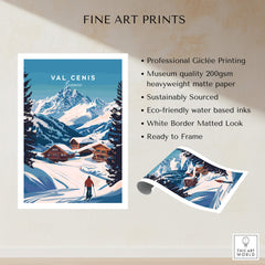 Val Cenis Ski Print: Elevate Your Winter Decor featuring a beautiful snowy landscape and cozy cabins.