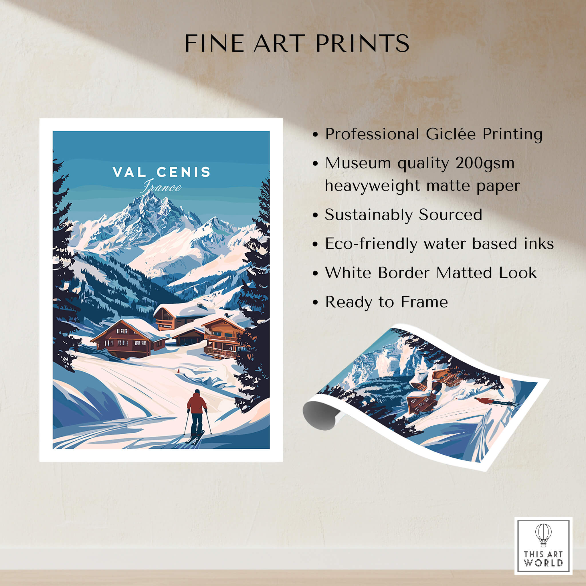 Val Cenis Ski Print: Elevate Your Winter Decor featuring a beautiful snowy landscape and cozy cabins.