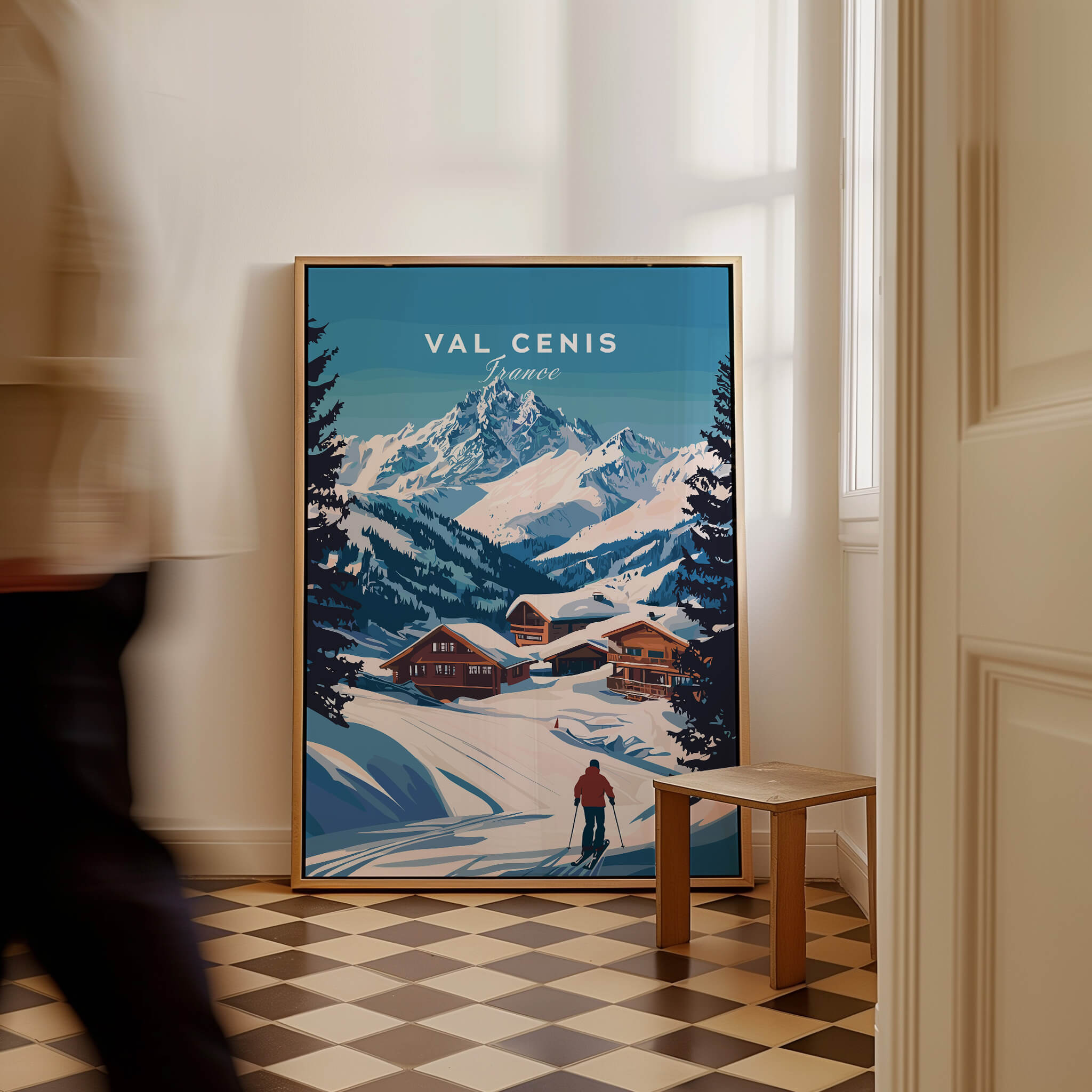 Val Cenis Ski Print: Elevate Your Winter Decor in a stylish living room setting.