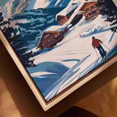 Val Cenis Ski Print: Elevate Your Winter Decor showcasing a skier on a snowy slope with mountain chalets.