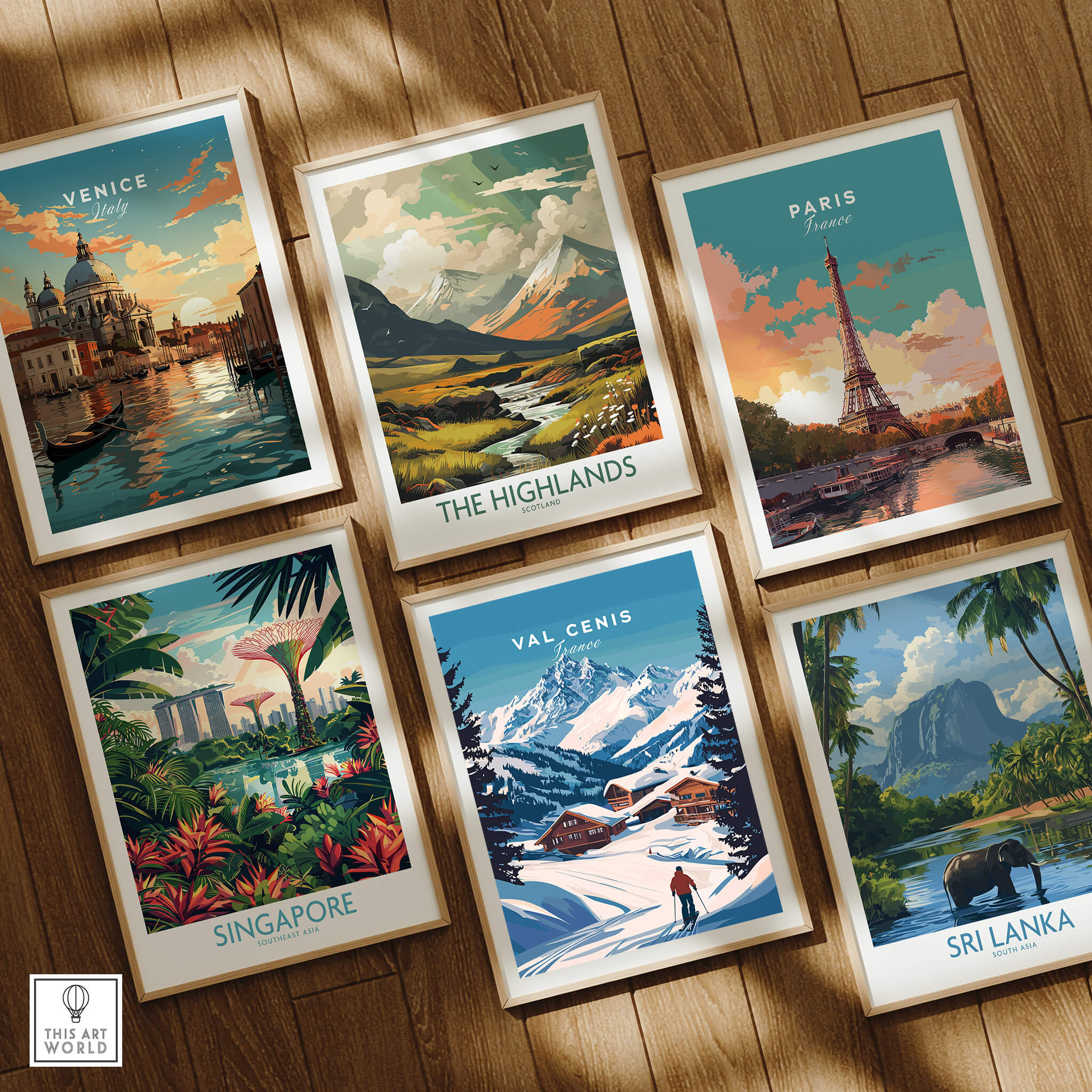 Val Cenis Ski Print: Elevate Your Winter Decor among travel-themed art prints of Venice, Paris, Highlands, Singapore, and Sri Lanka.