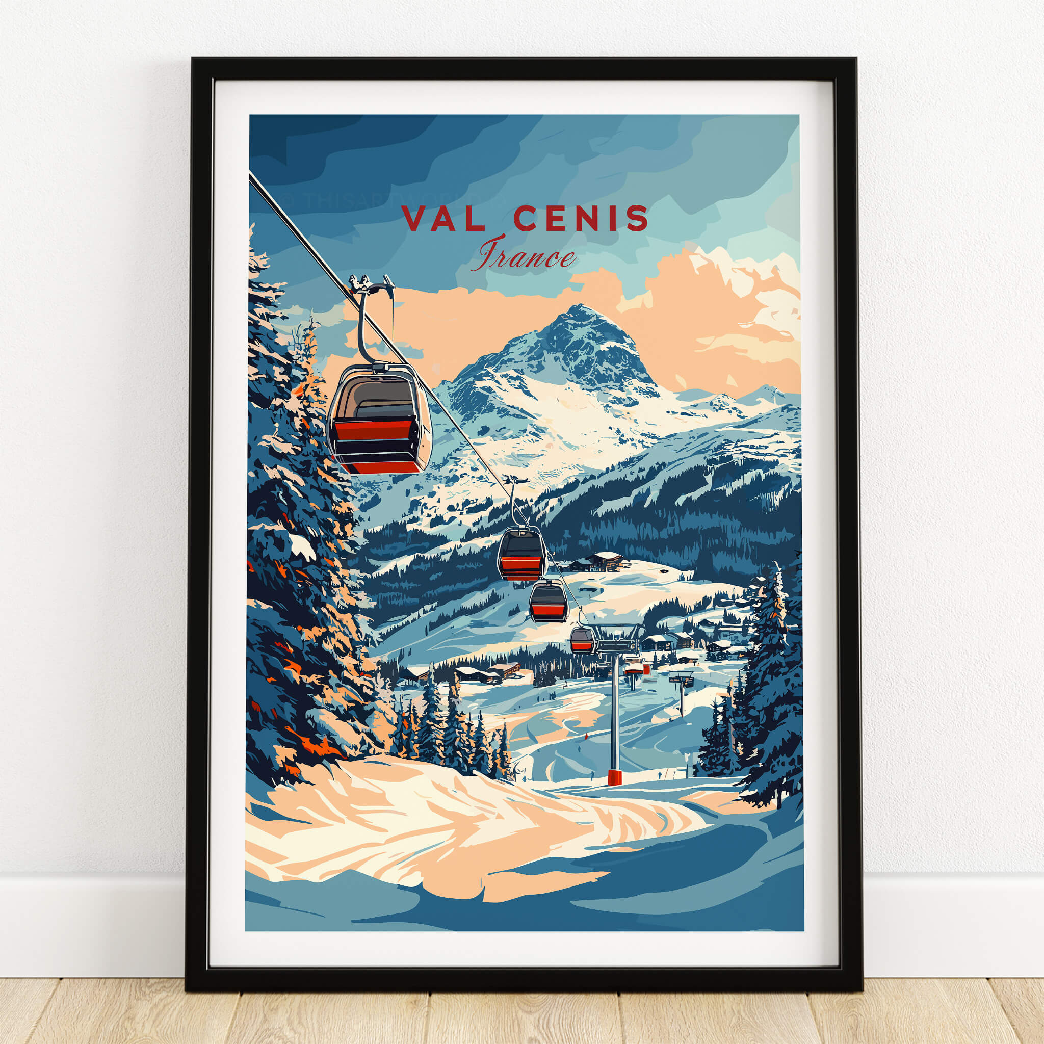 Val Cenis Ski Print: Capture the Essence of Winter artwork featuring a scenic ski lift in the French Alps.