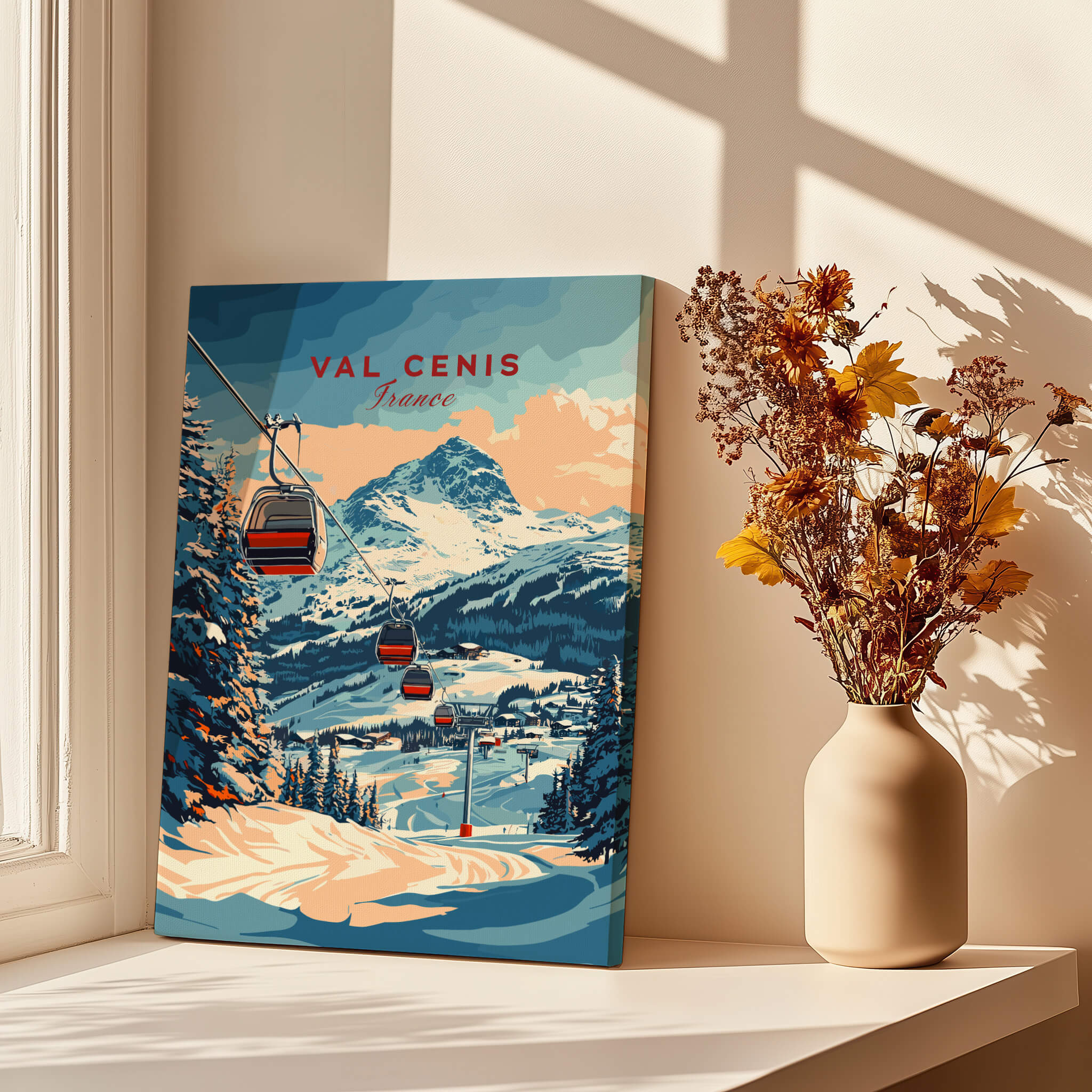 Val Cenis Ski Print: Capture the Essence of Winter in a colorful art print featuring ski lifts and mountains.