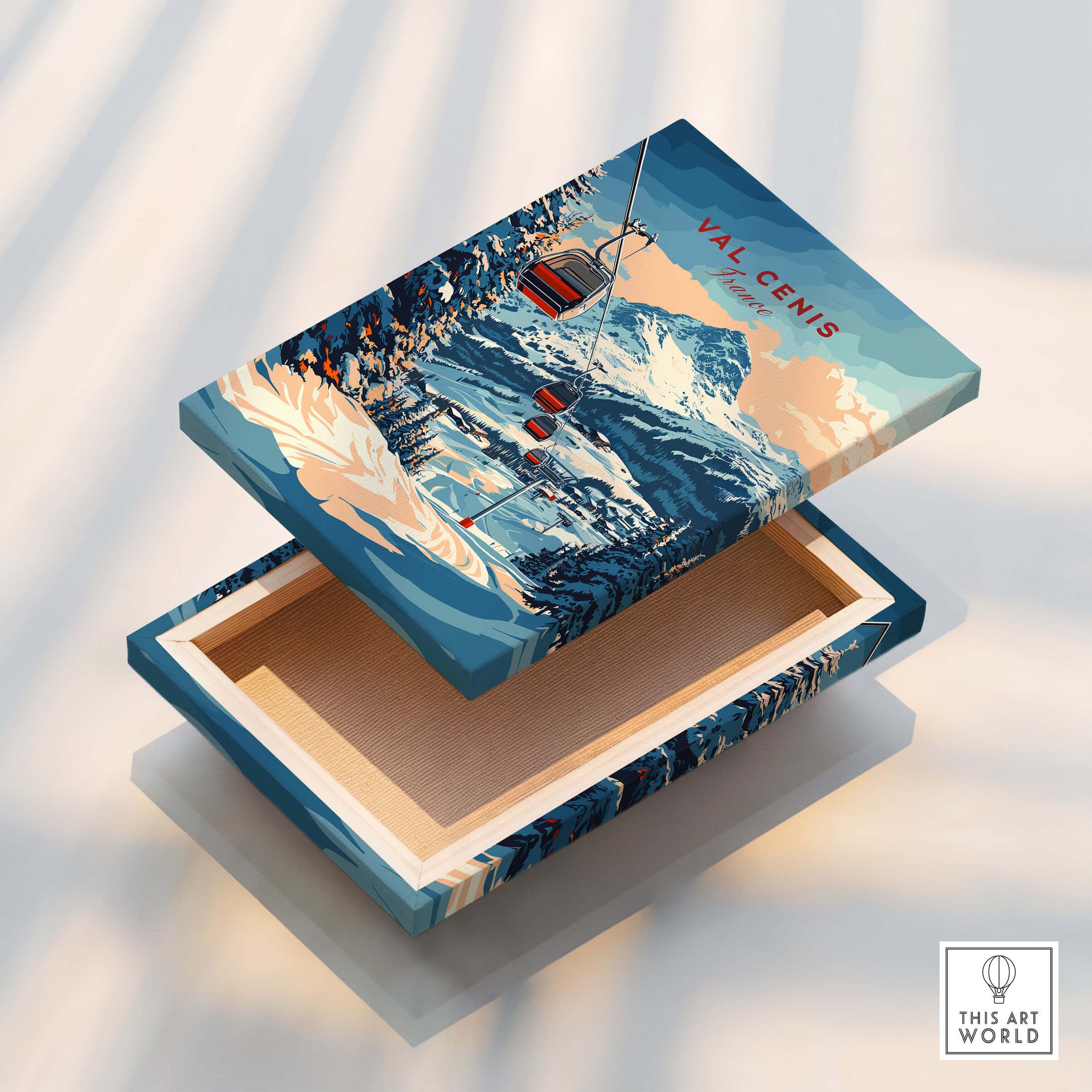Val Cenis Ski Print: Capture the Essence of Winter on a decorative box with a snowy mountain landscape.