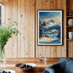 Val Cenis Ski Print: Capture the Essence of Winter showcased in a cozy wooden setting with rustic decor.