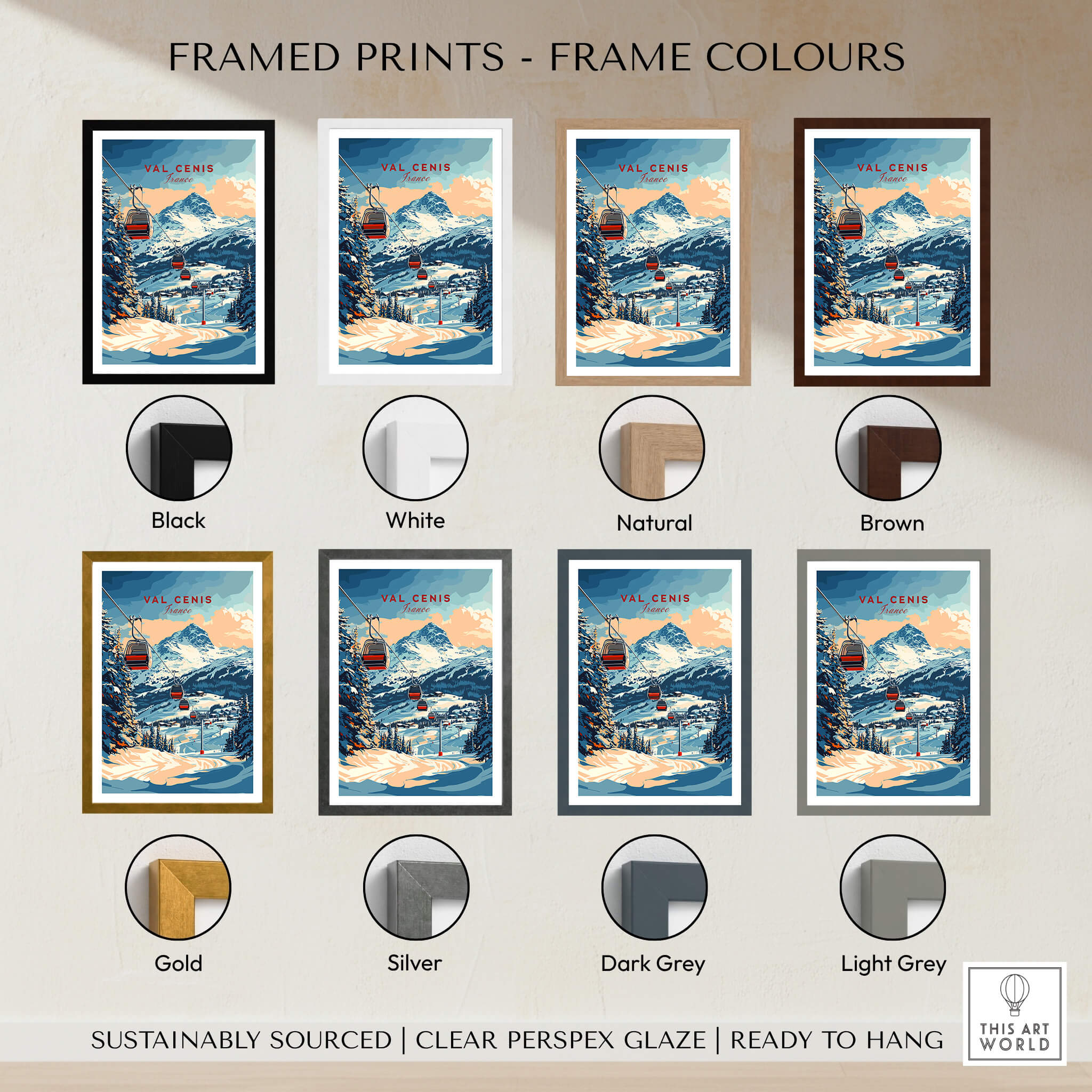 Val Cenis Ski Print: Capture the Essence of Winter framed print options in various colors.