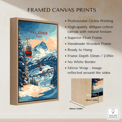 Val Cenis Ski Print: Capture the Essence of Winter framed canvas print with wooden frame and vibrant mountain scenery.