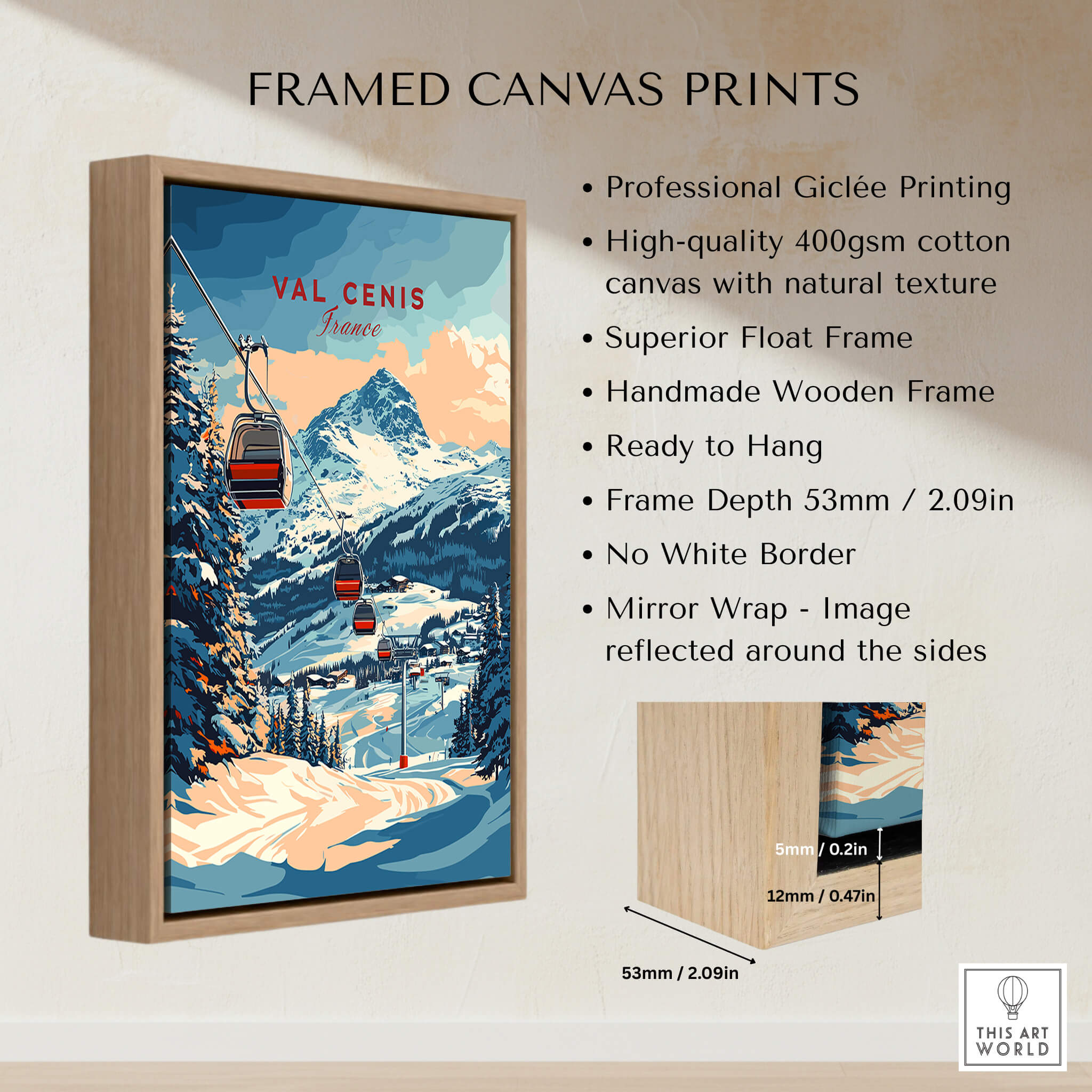 Val Cenis Ski Print: Capture the Essence of Winter framed canvas print with wooden frame and vibrant mountain scenery.