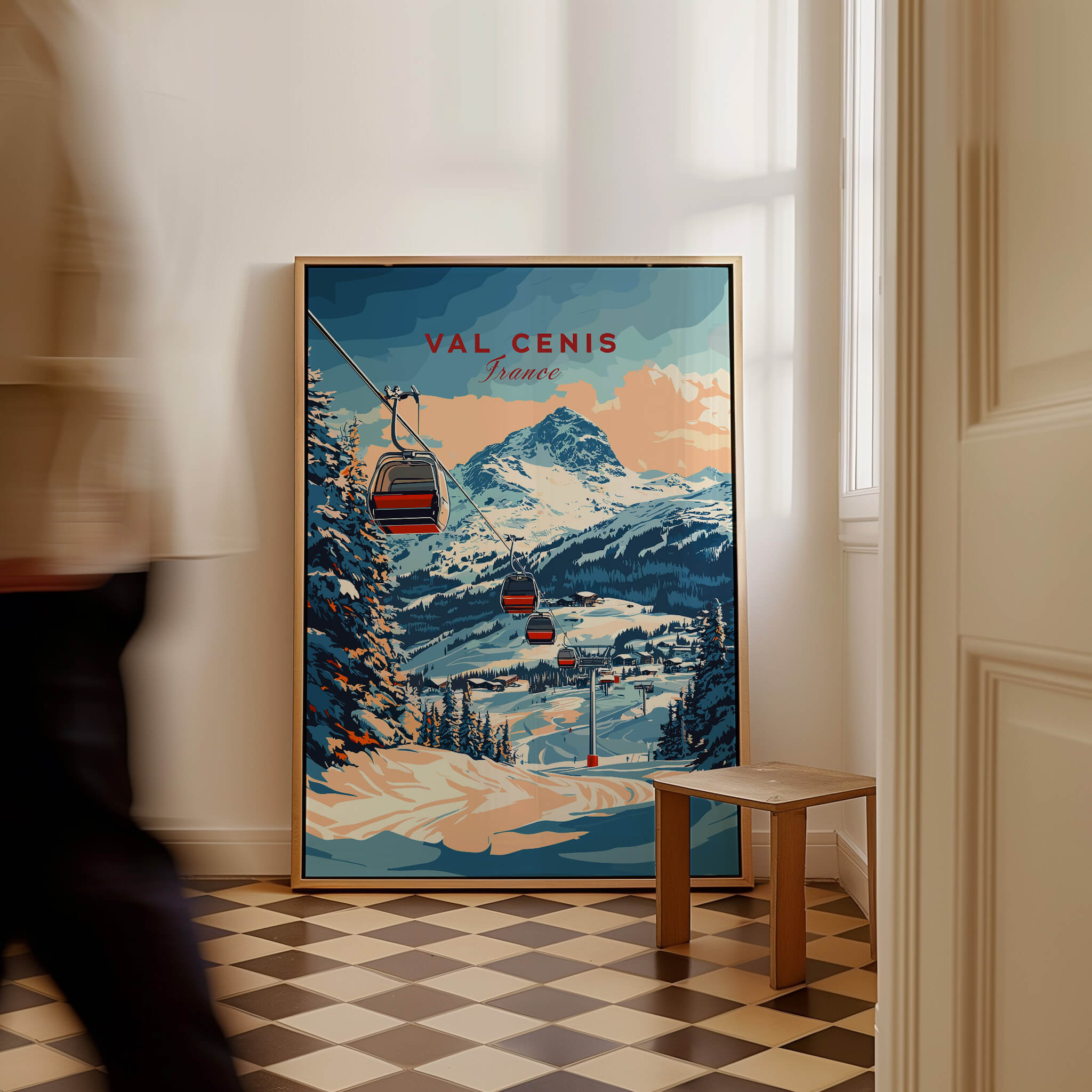 Val Cenis Ski Print: Capture the Essence of Winter in a vibrant art piece featuring a ski resort and chair lifts.