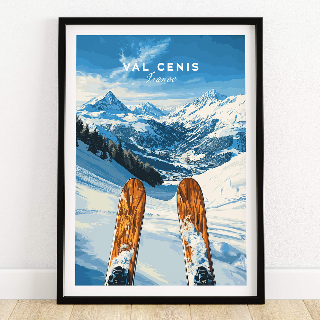 Val Cenis Ski Wall Art Ski Poster showcasing skiing slopes with vibrant colors and stunning mountain views.