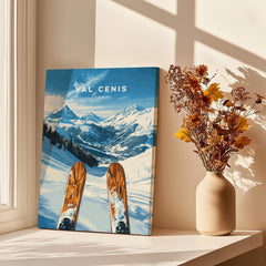 Val Cenis Ski Wall Art Ski Poster featuring snowy slopes and ski equipment at a sunlit window.
