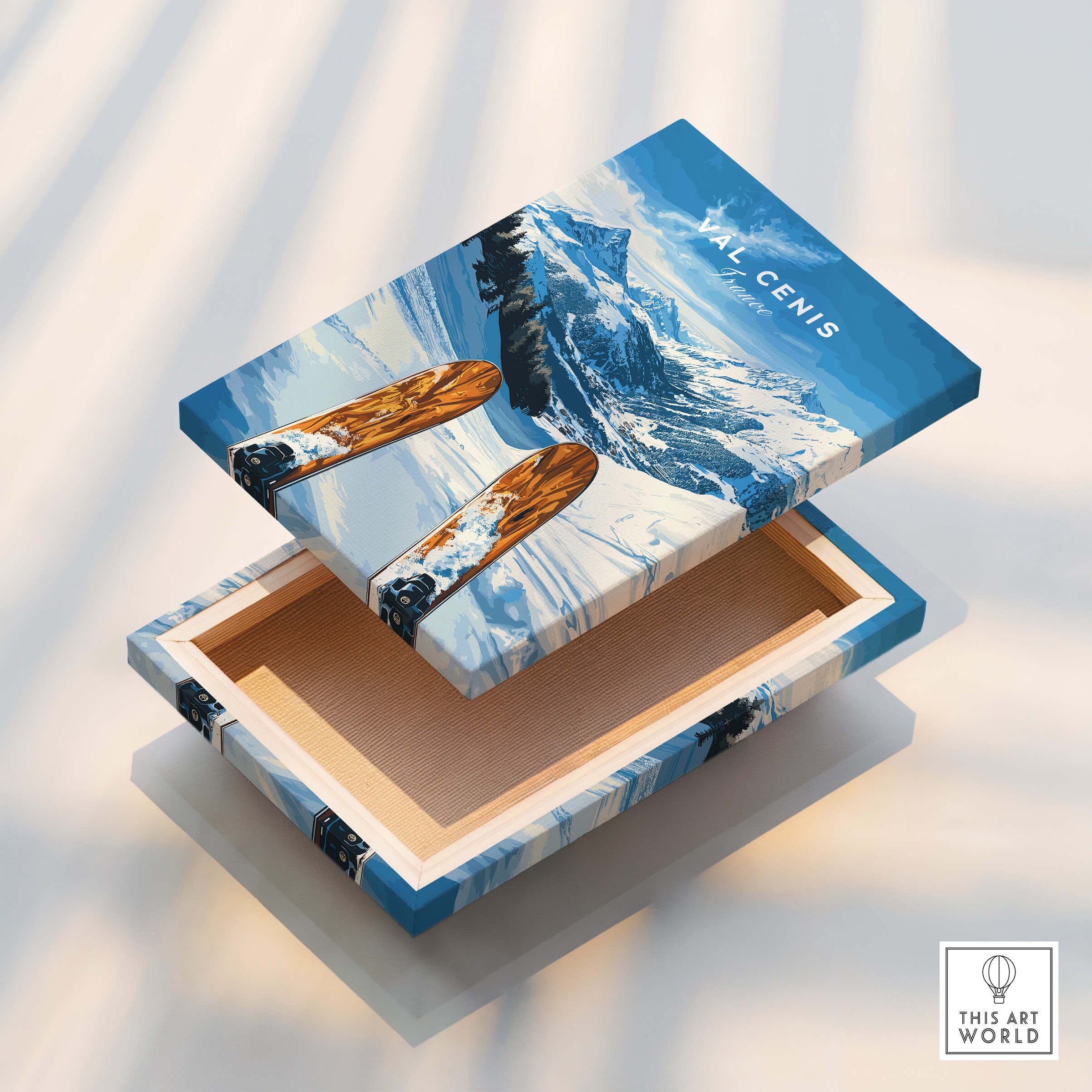 Val Cenis Ski Wall Art Ski Poster design featuring ski equipment against a snowy mountain backdrop.