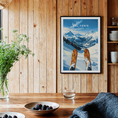 Val Cenis Ski Wall Art Ski Poster featuring ski slopes and vibrant colors in a cozy home setting.