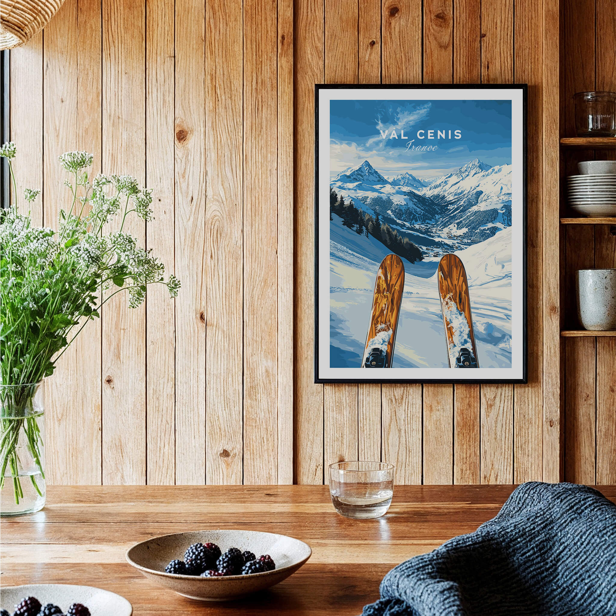 Val Cenis Ski Wall Art Ski Poster featuring ski slopes and vibrant colors in a cozy home setting.