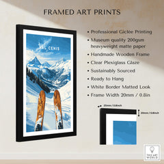 Val Cenis Ski Wall Art Ski Poster displayed in a framed print, showcasing vibrant ski slopes and stunning mountain scenery.