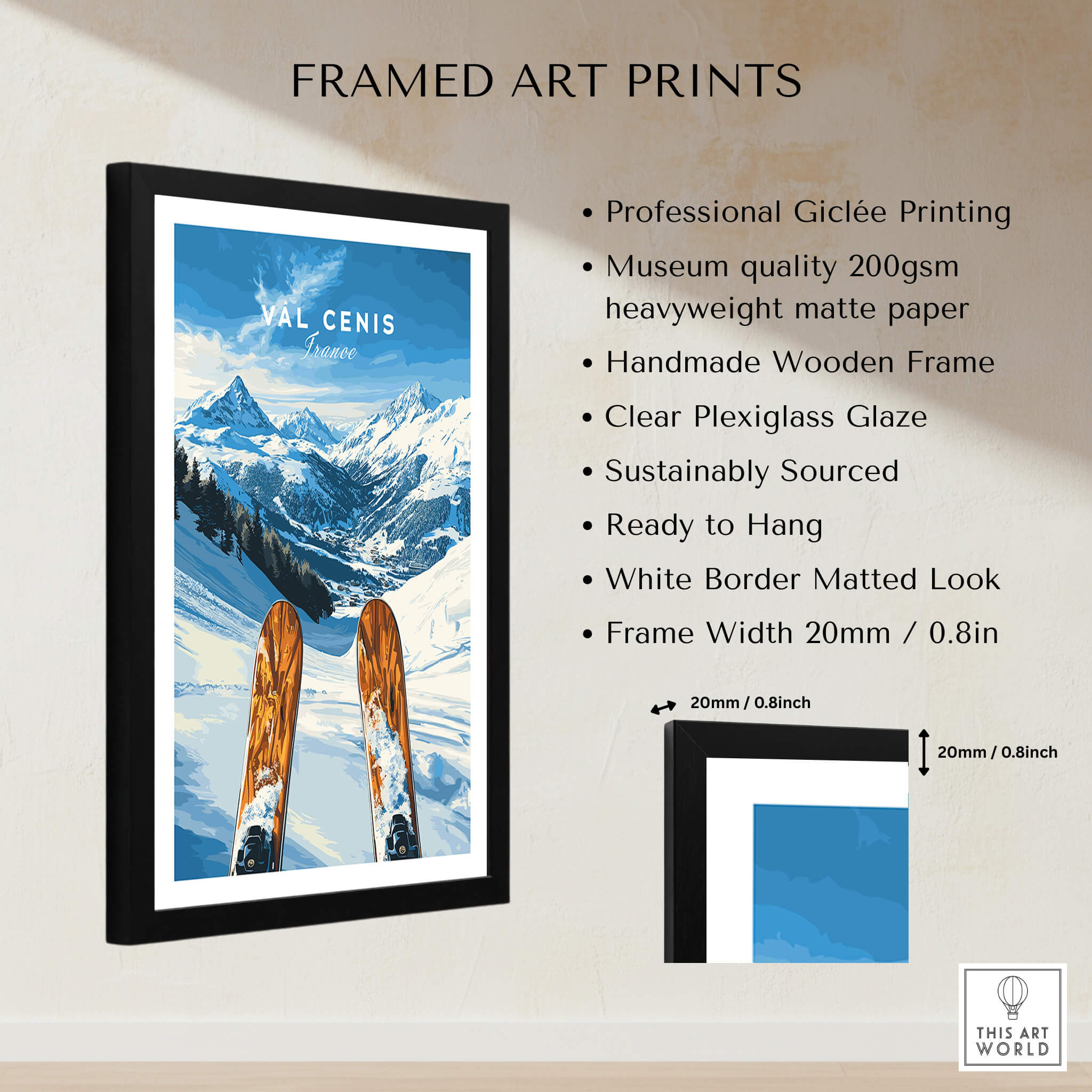 Val Cenis Ski Wall Art Ski Poster displayed in a framed print, showcasing vibrant ski slopes and stunning mountain scenery.