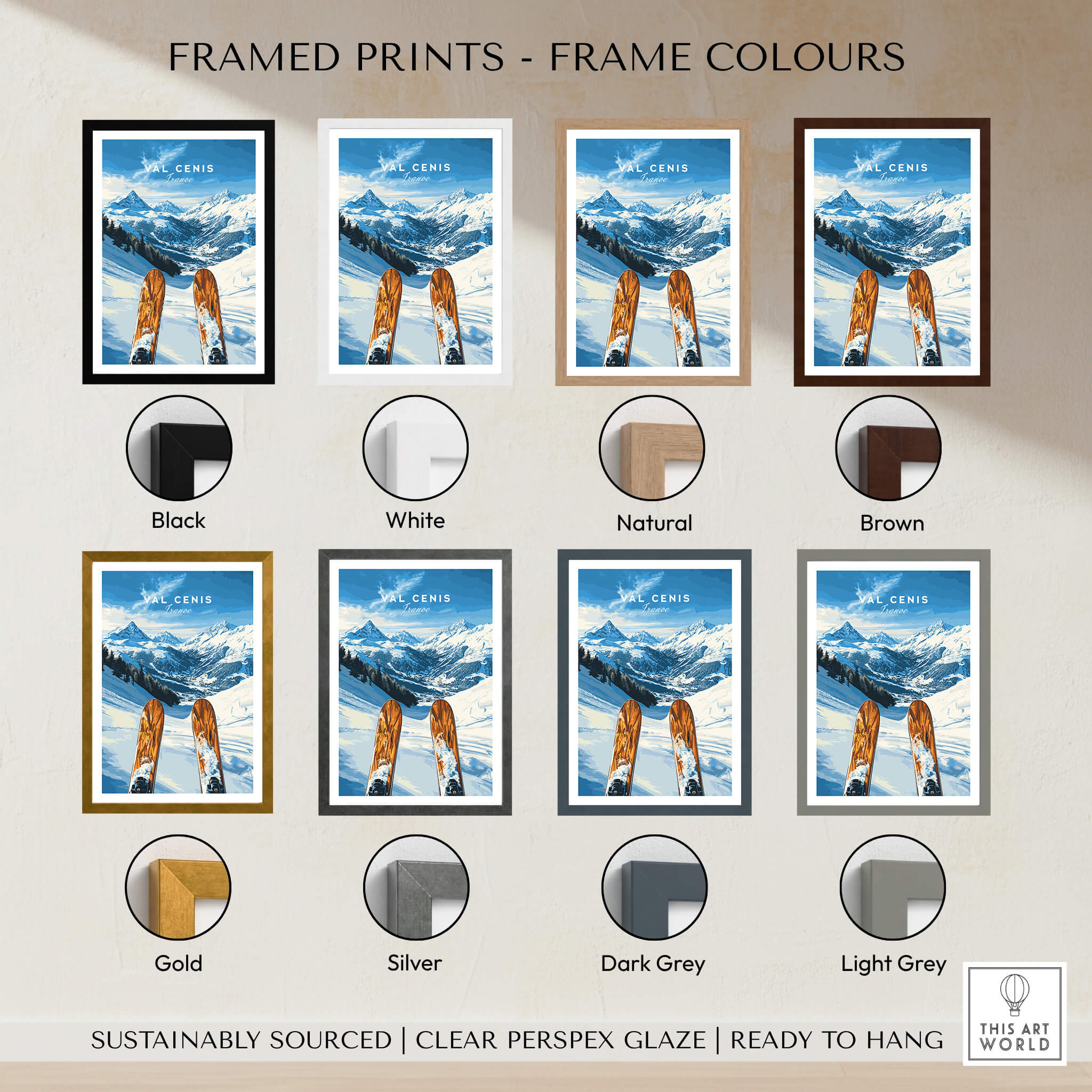 Val Cenis Ski Wall Art Ski Poster displayed with various frame colors including black, white, natural, and brown.