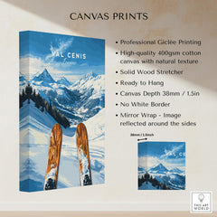 Val Cenis Ski Wall Art Ski Poster showcasing snowy mountains and ski equipment, perfect for winter decor.