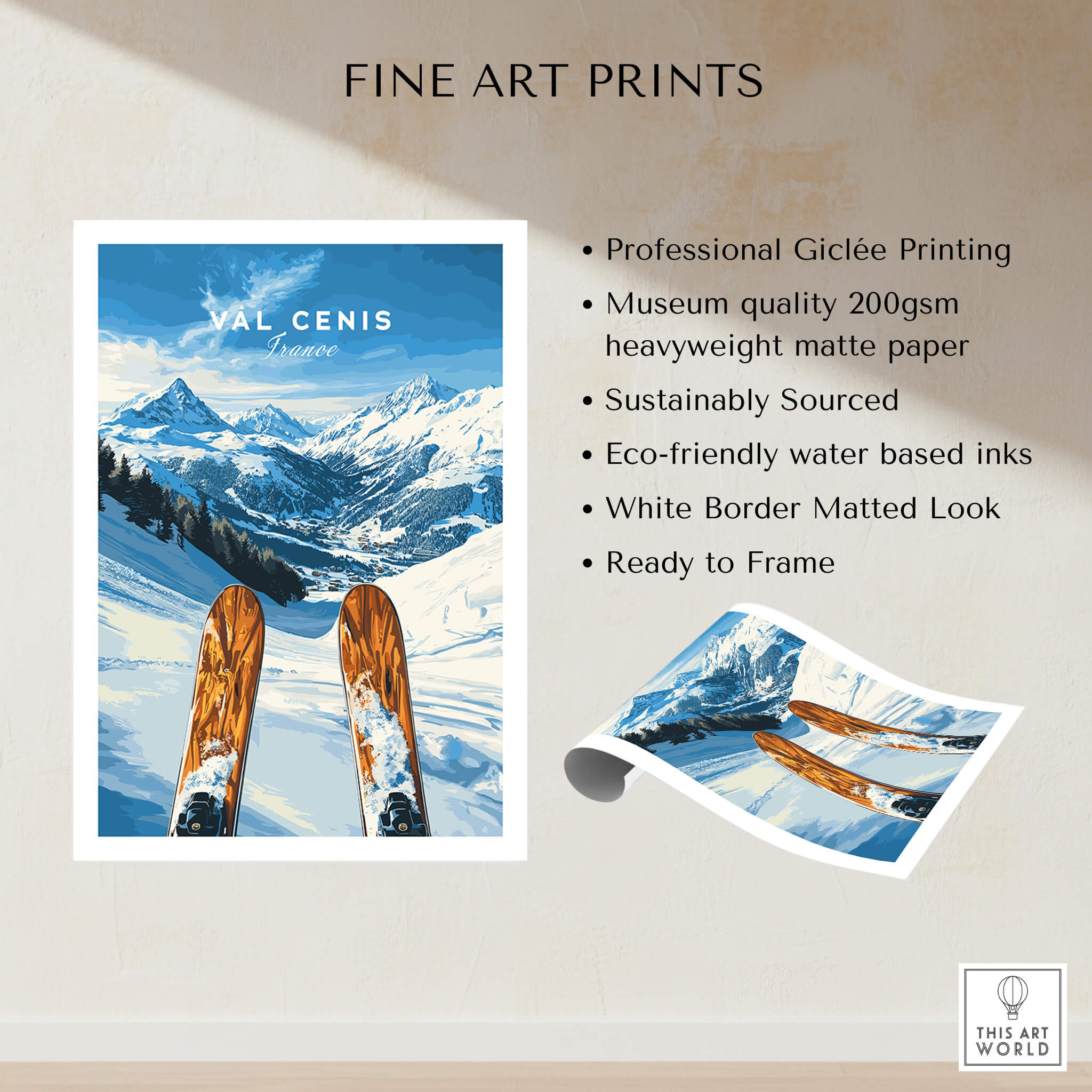 Val Cenis Ski Wall Art Ski Poster showcasing stunning ski slopes and vibrant colors with professional printing.