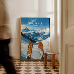 Val Cenis Ski Wall Art Ski Poster showcasing stunning snowy peaks and ski equipment in a beautifully decorated room.