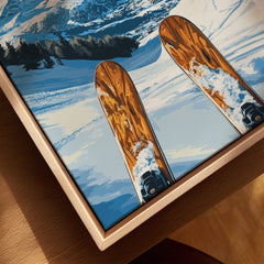 Val Cenis Ski Wall Art Ski Poster showcasing ski tips and snowy slopes in vibrant colors for a winter decor accent.