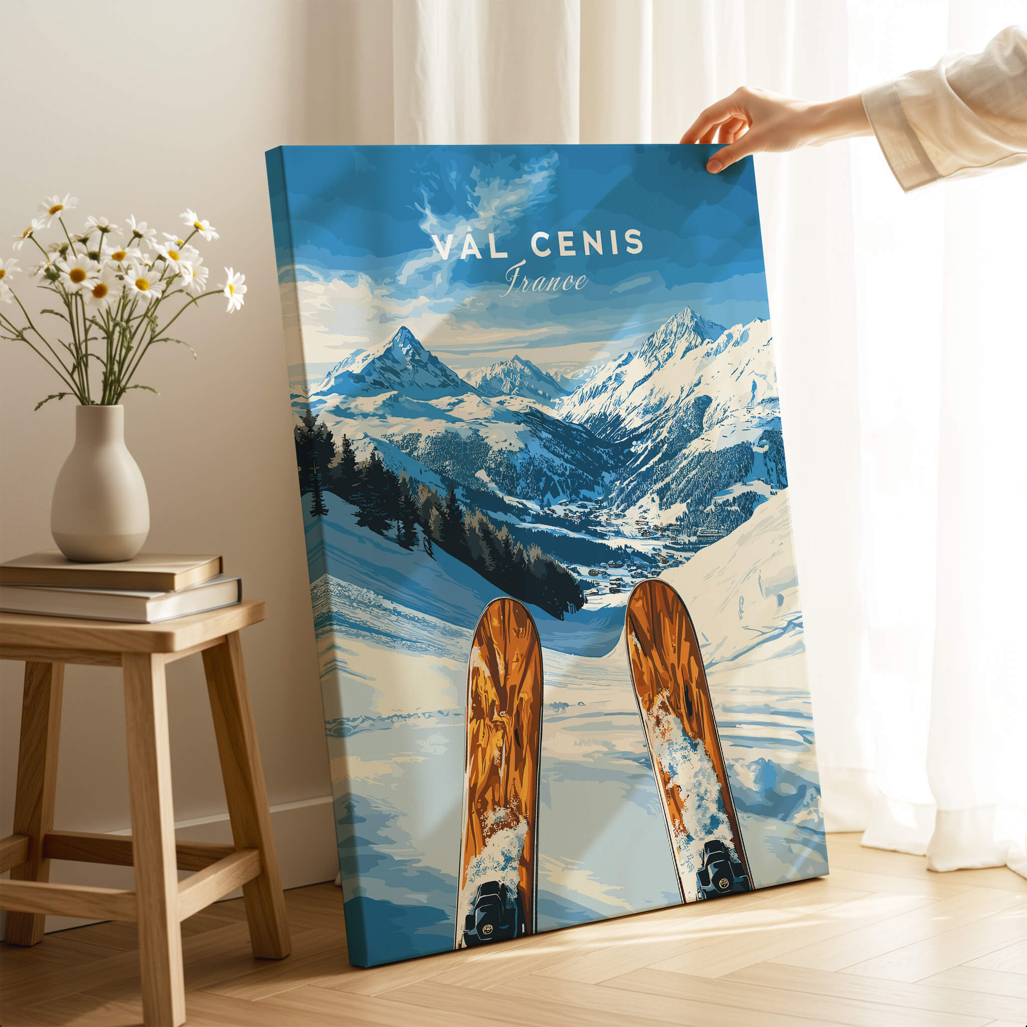 Val Cenis Ski Wall Art Ski Poster featuring ski slopes and mountains, adding a winter wonderland touch to any space.