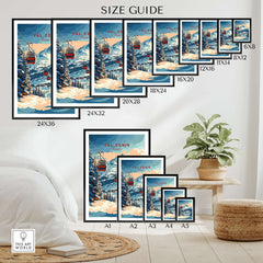 Val Cenis ski print size guide showcasing various framed print sizes in a cozy indoor setting.