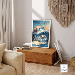 Val Cenis ski print in modern living room, embodying winter's beauty and adventure with snow-covered mountains and ski lift.