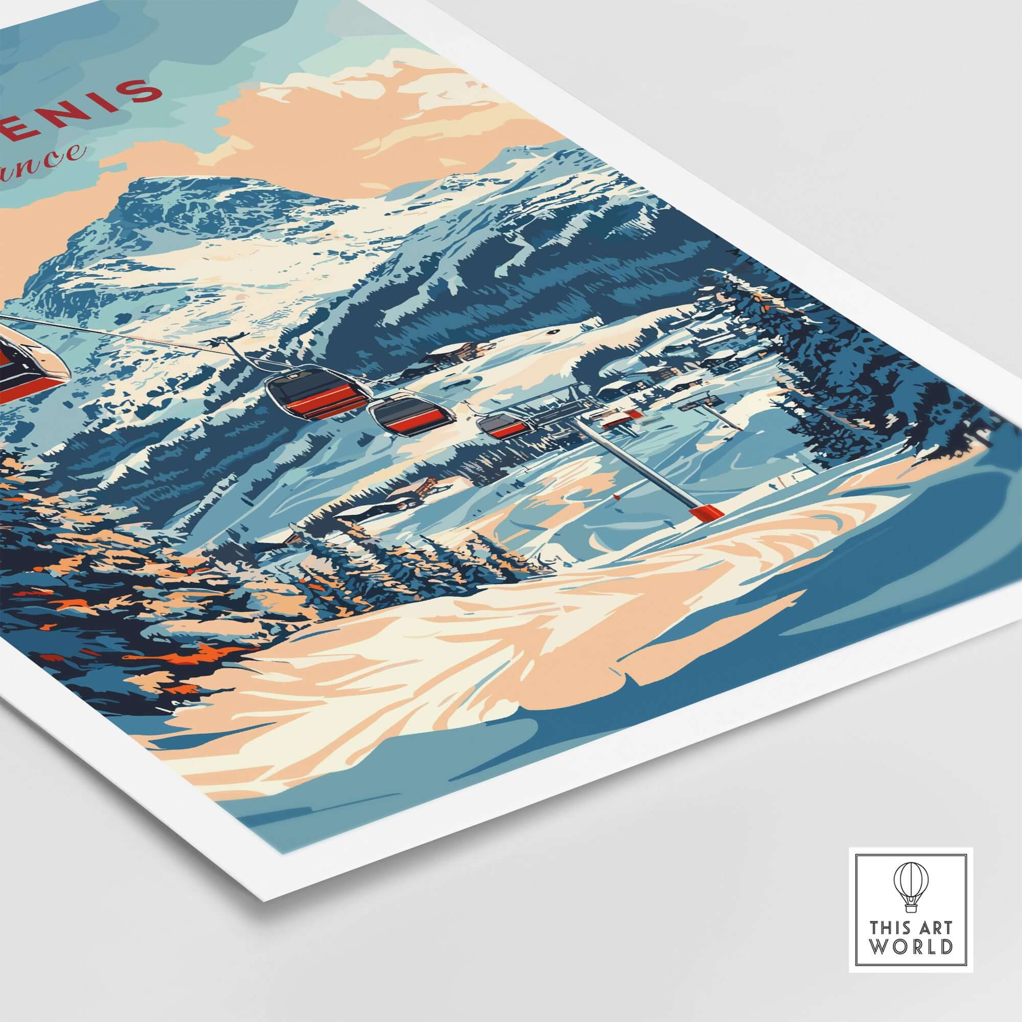 Val Cenis Ski Print showcasing winter's beauty with mountains, ski lifts, and serene snowy landscapes for home decor.