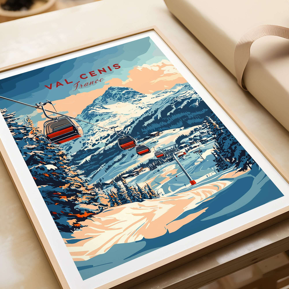 Val Cenis Ski Print featuring gondolas, snowy mountains, and serene winter scenery in vibrant colors.