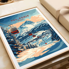 Val Cenis Ski Print featuring gondolas, snowy mountains, and serene winter scenery in vibrant colors.