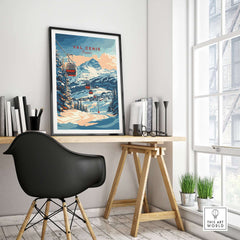 Val Cenis ski print framed on a wall above a minimalist desk, capturing winter beauty and tranquility.
