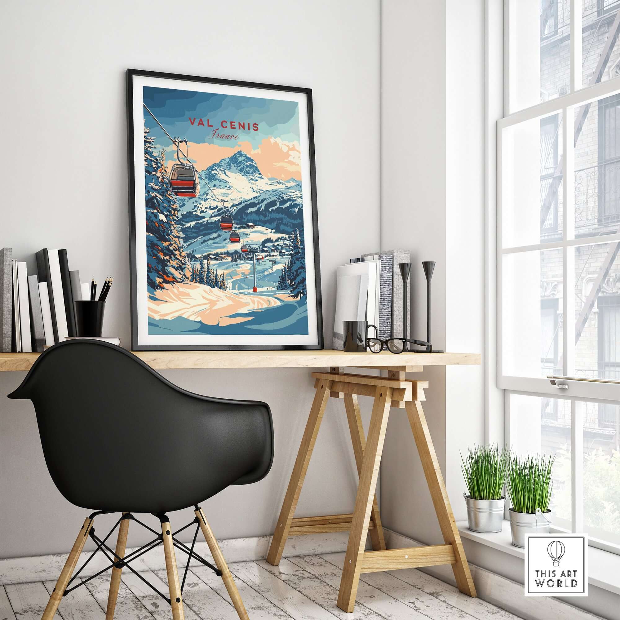 Val Cenis ski print framed on a wall above a minimalist desk, capturing winter beauty and tranquility.
