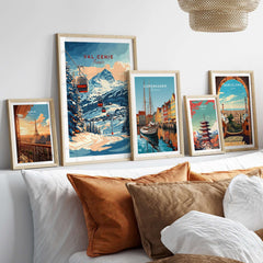 Val Cenis ski print displayed on wall, showcasing winter beauty and adventure with other city prints.