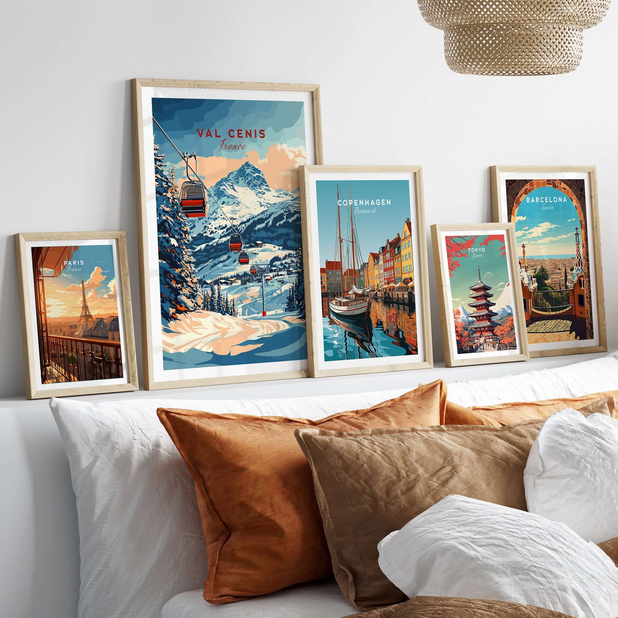 Val Cenis ski print displayed on wall, showcasing winter beauty and adventure with other city prints.