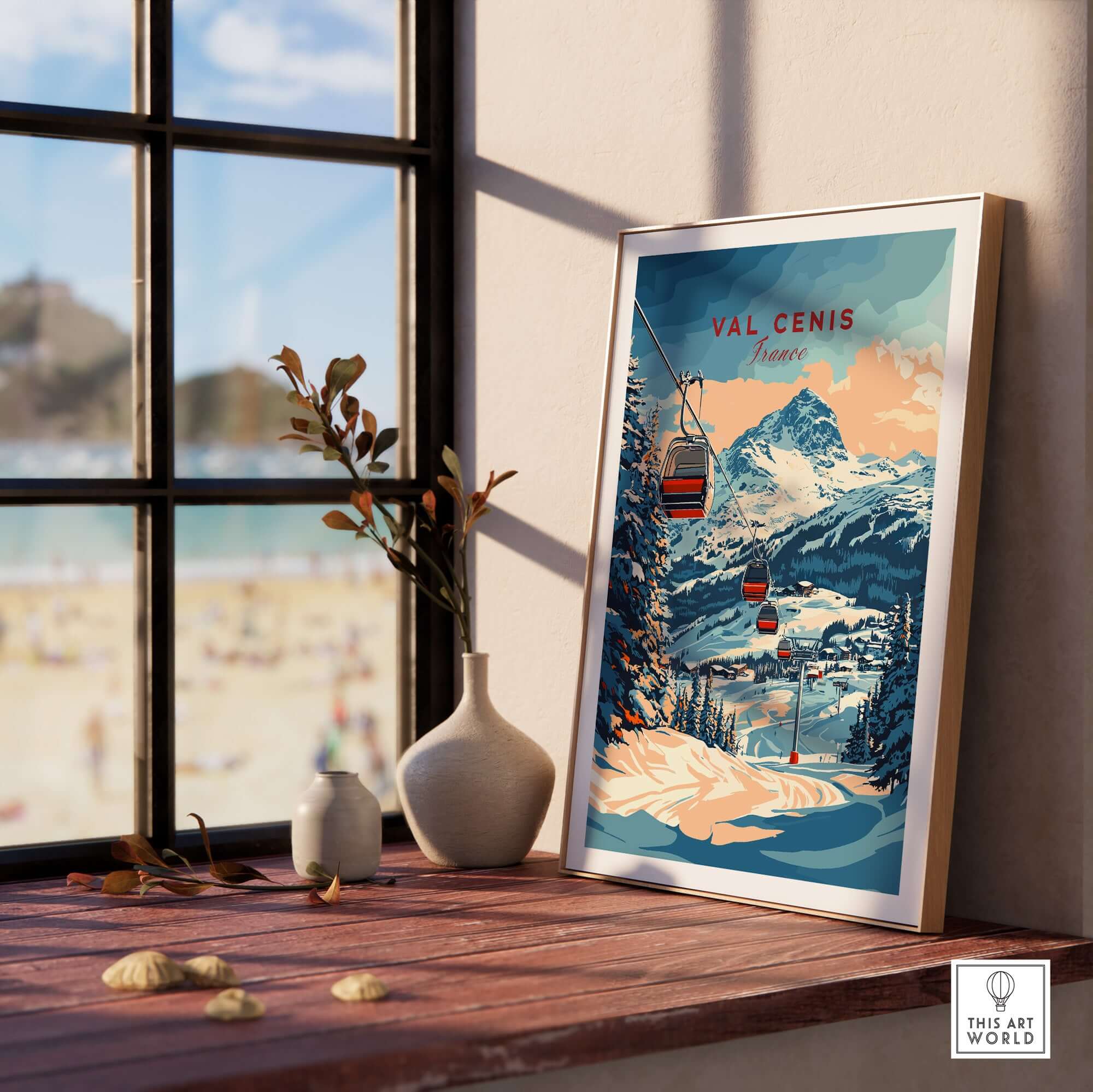 Val Cenis Ski Print showcasing stunning winter landscape and gondolas, adding a touch of winter wonder to any decor.