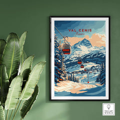 Val Cenis ski print showcasing a gondola and snow-covered mountains, perfect winter decor for home or office.