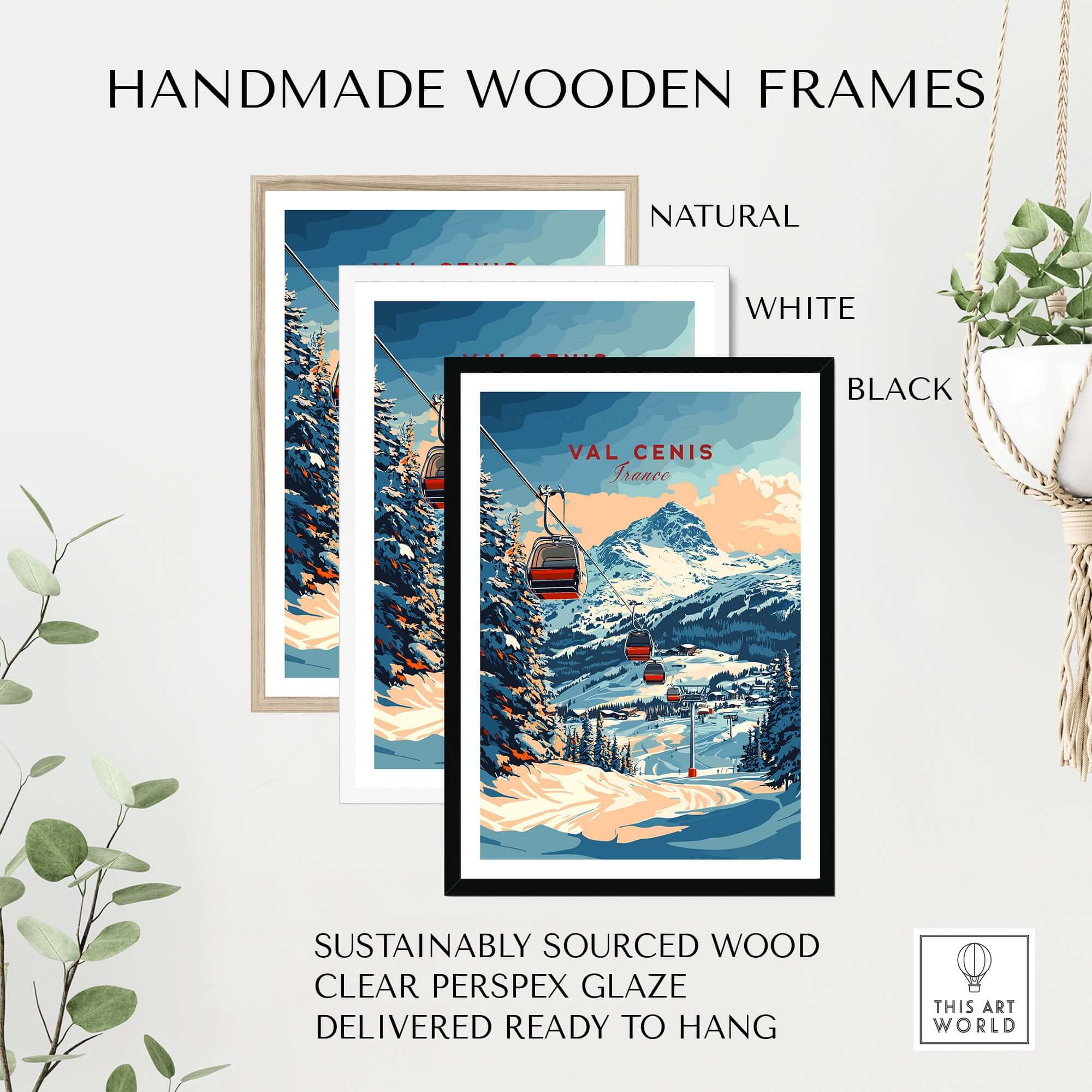 Handmade wooden frames for Val Cenis ski print in natural, white, and black colors, featuring sustainably sourced wood.