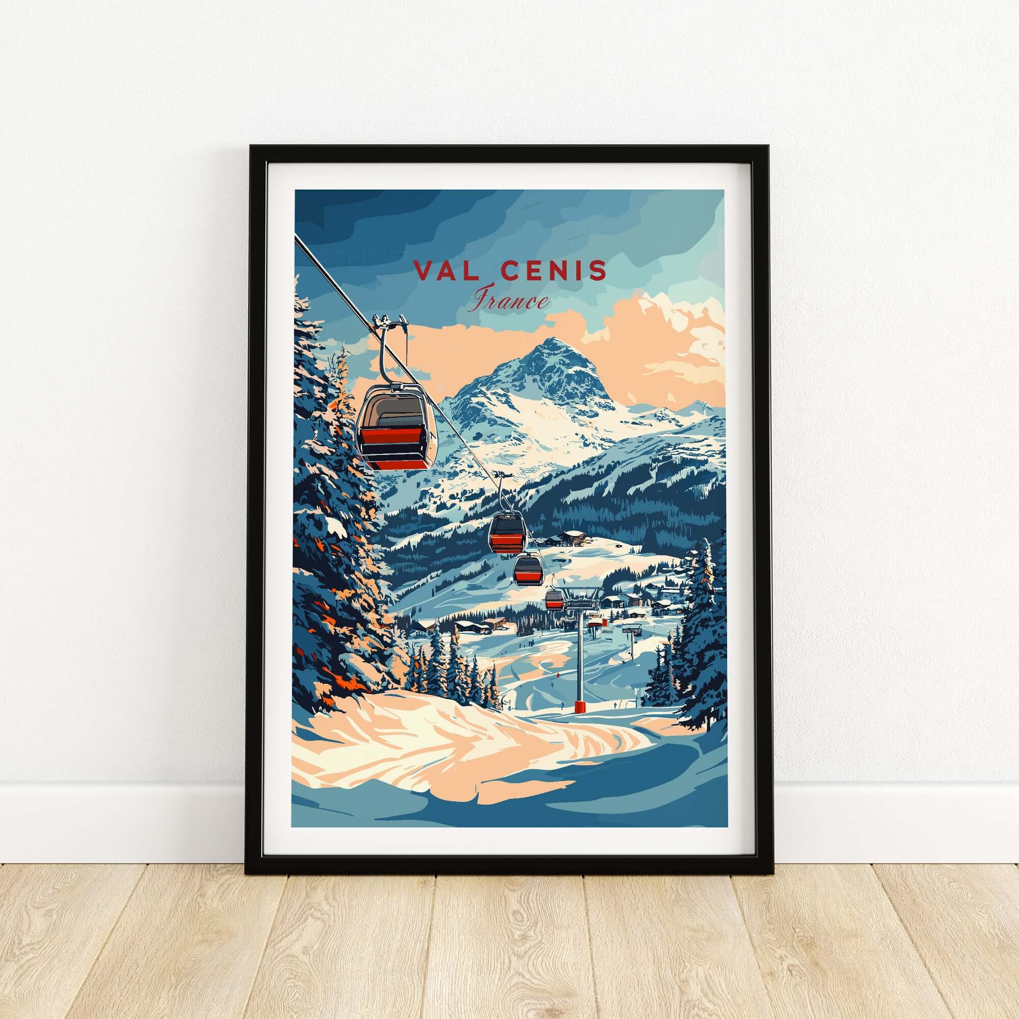 Val Cenis Ski Print featuring scenic cable cars and snow-covered mountains, embodying winter beauty and adventure.
