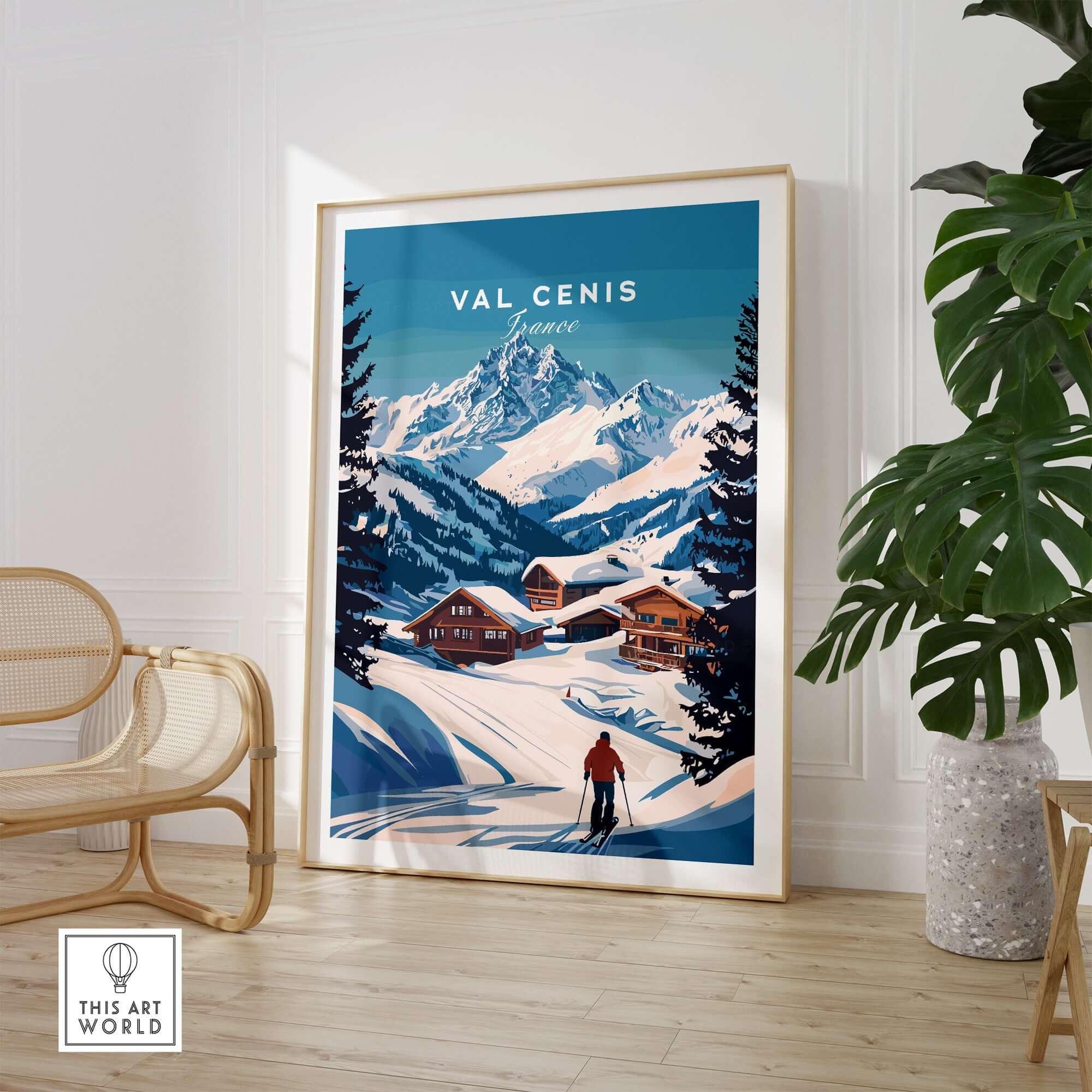 Val Cenis Ski Print featuring stunning snowy mountains and cozy chalets for winter decor inspiration.