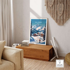 Val Cenis Ski Print featuring snowy slopes, cozy cabin, and a skier, perfect for winter decor inspiration.