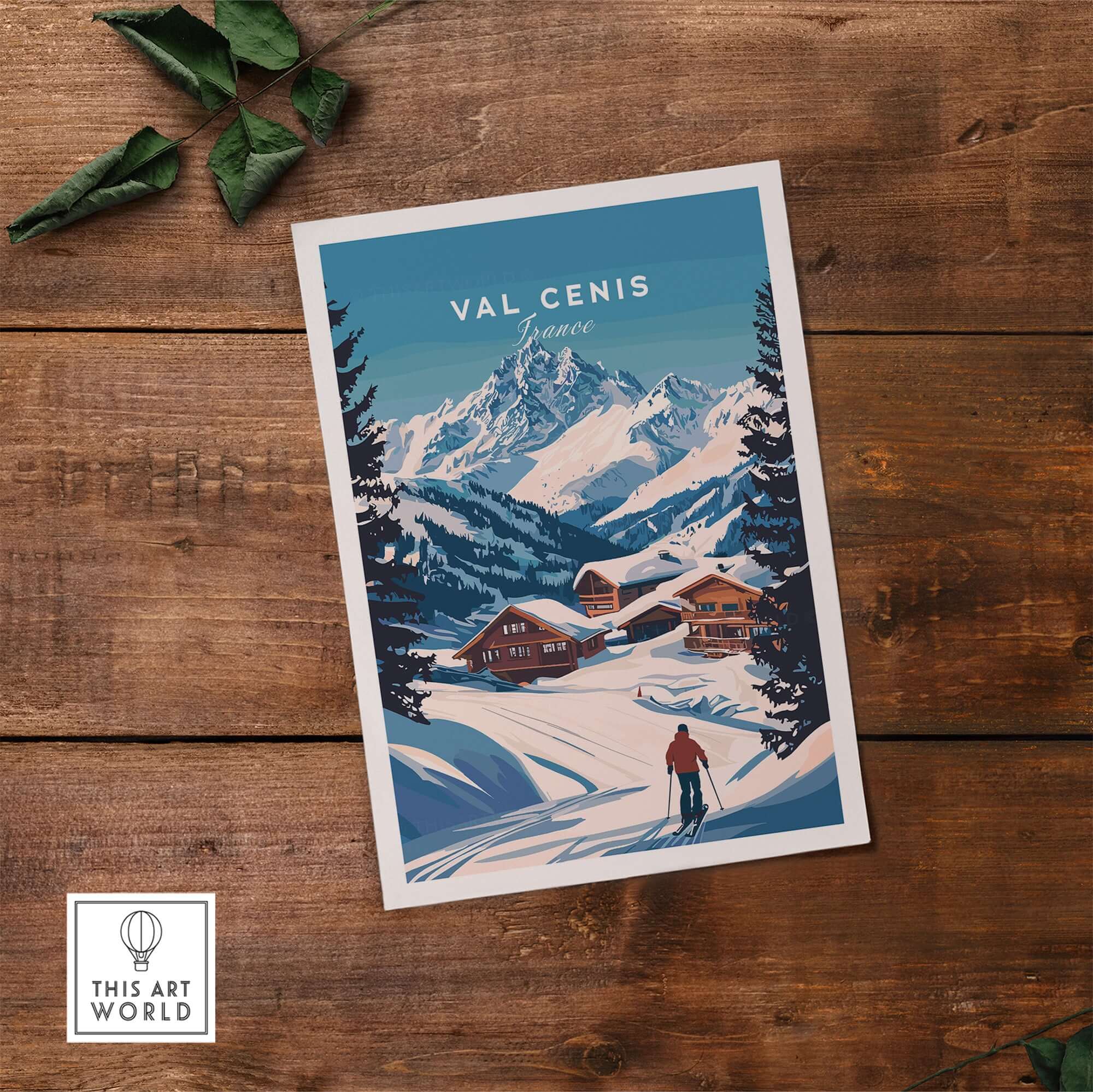 Val Cenis Ski Print on wooden surface, showcasing snowy mountains and cozy chalets, perfect for winter decor.