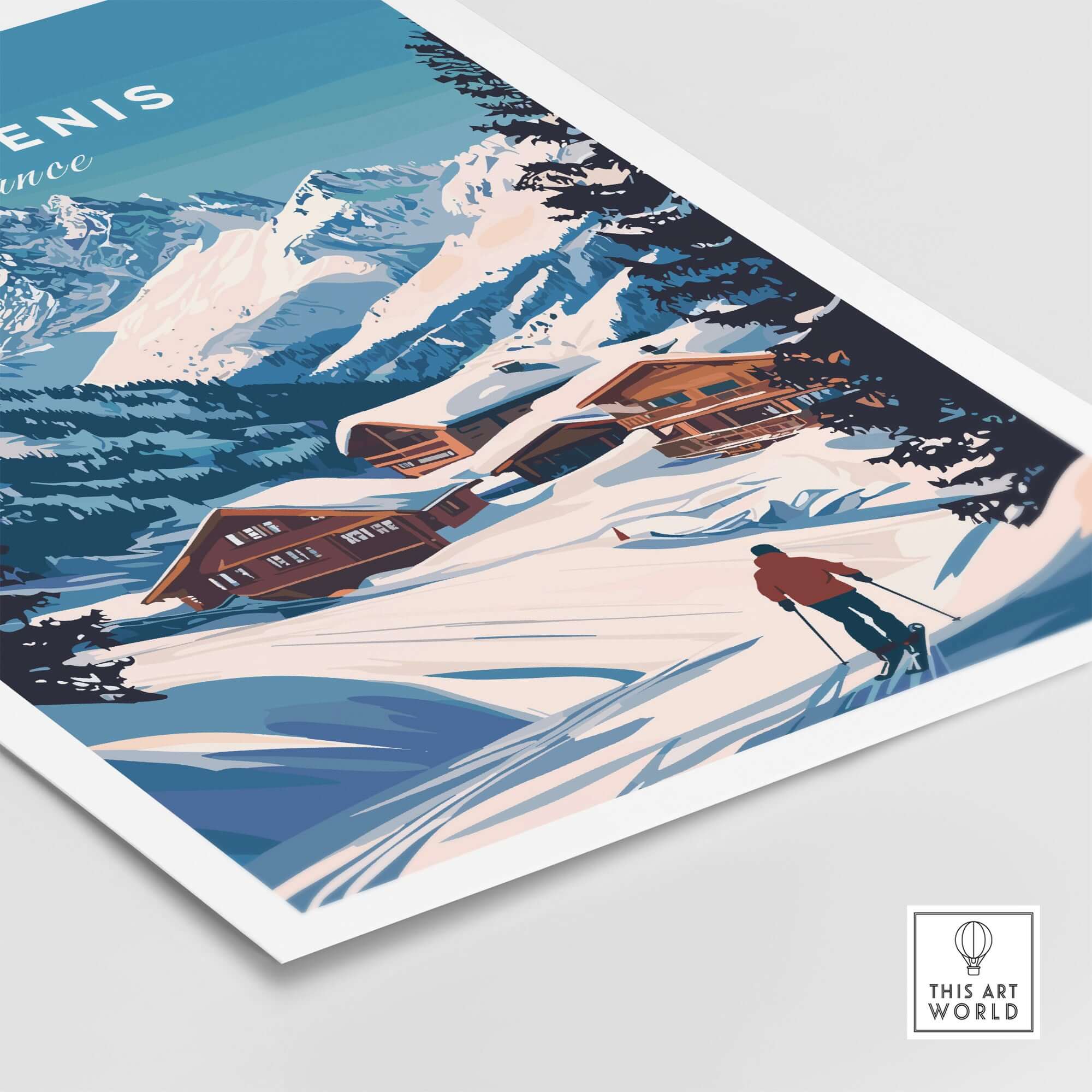 Val Cenis Ski Print showcasing winter slopes and chalets, perfect for elevating winter decor and inspiring outdoor adventure.