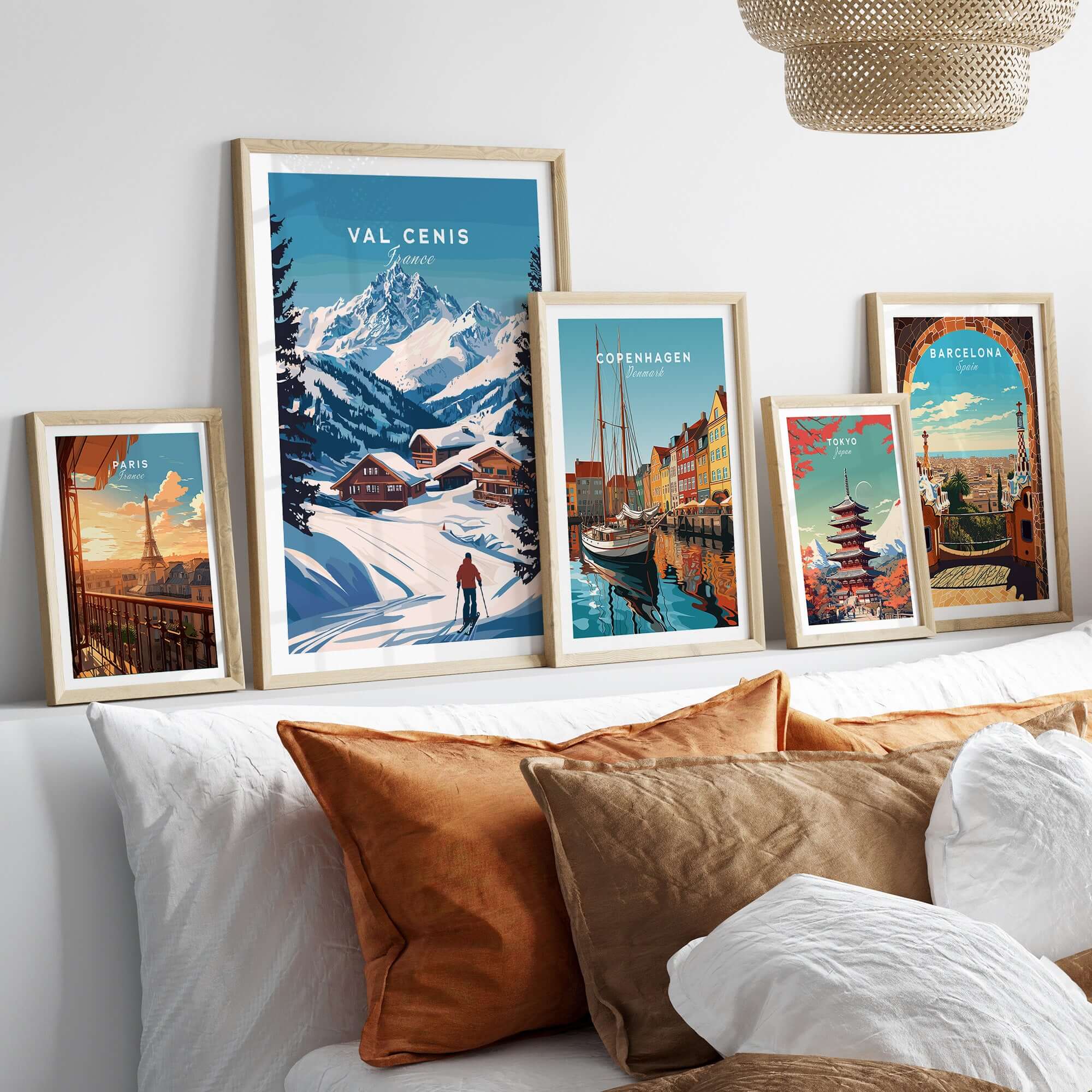 Val Cenis Ski Print featured among framed travel posters, enhancing winter decor with outdoor adventure themes.