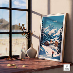 Val Cenis Ski Print showcasing snowy mountains and ski slopes, perfect for winter decor in any home.