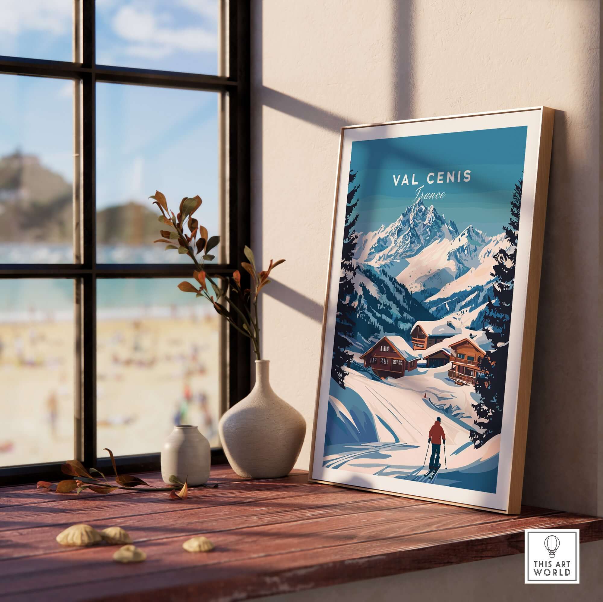 Val Cenis Ski Print showcasing snowy mountains and ski slopes, perfect for winter decor in any home.
