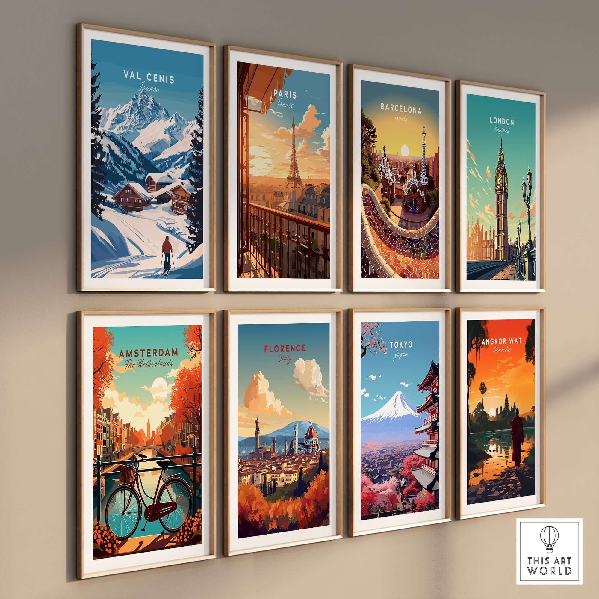 Gallery of travel posters featuring Val Cenis, Paris, Barcelona, London, Amsterdam, Florence, Tokyo, and Angkor Wat.